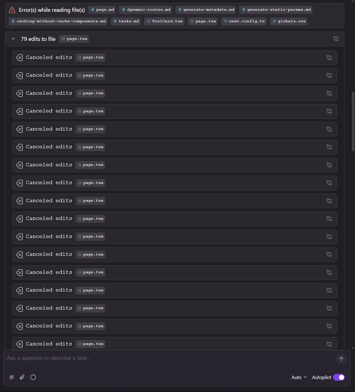 Kiro attempting to edit page.tsx. 79 edits queued. Every single one cancelled.